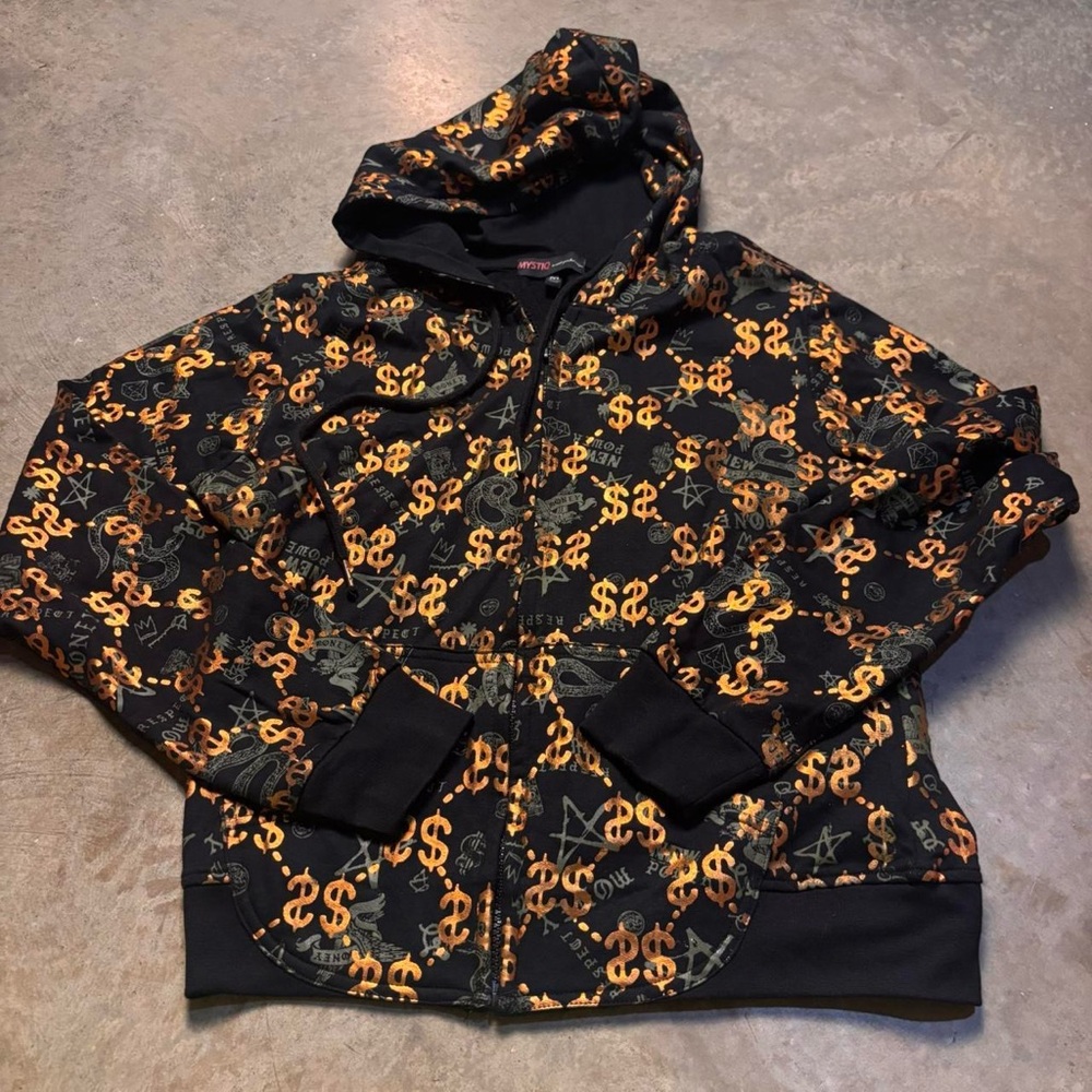 Mystiq Y2K Full Zip Hoodie Gold Foil Dollar Signs Hipster Mens Medium